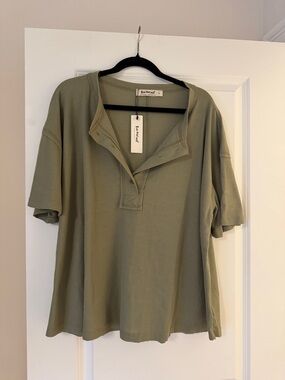 Three Bird Nest Olive Green Waffle-Knit Short Sleeve Henley